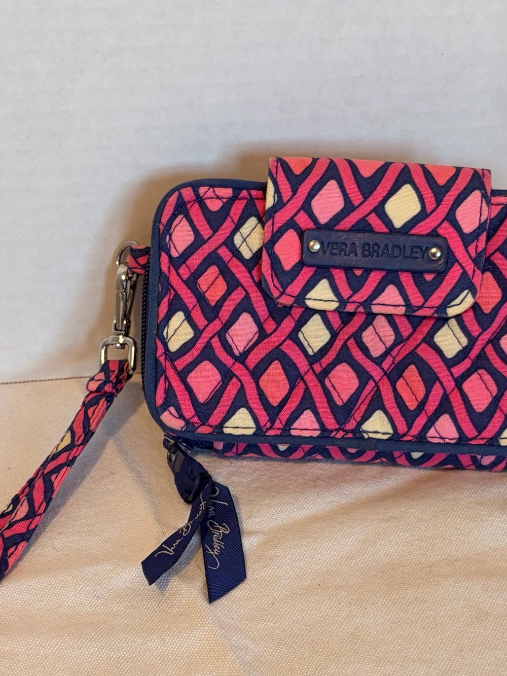 Vera Bradley Pink Navy Yellow Patterned Wristlet